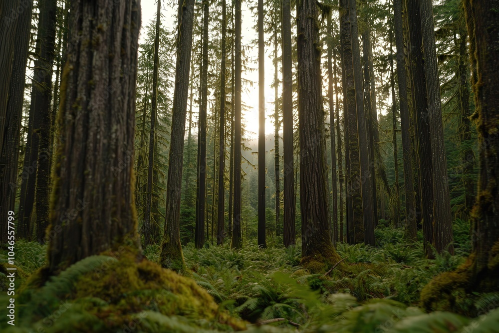 Fototapeta premium Serene Forest Sunrise Nature's Tranquil Embrace Among Towering Trees