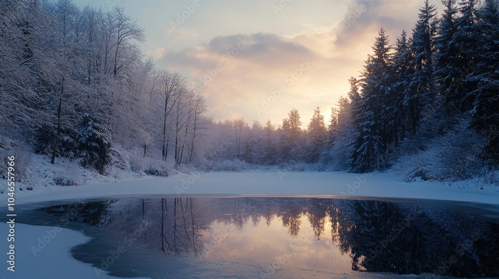 A serene winter wonderland with snow-covered trees and a frozen pond reflecting the soft light of dawn. A serene winter wonderland with snow-covered trees and a frozen pond reflecting the soft light of dawn.