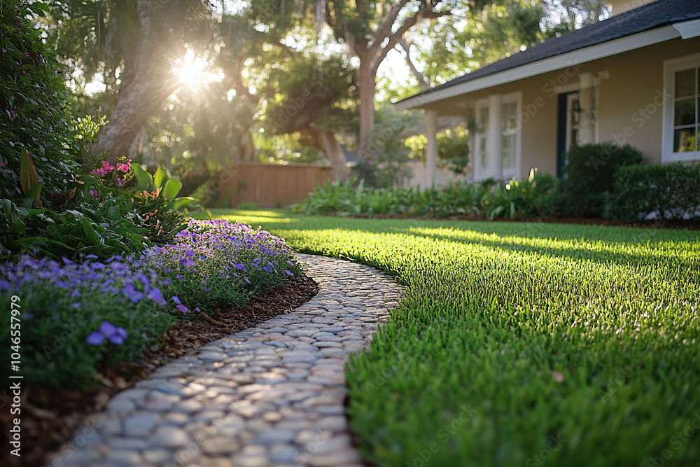 Fototapeta premium Ground level view of a well maintained lawn and garden with a country house in a pleasant residential area on a sunny summer day.