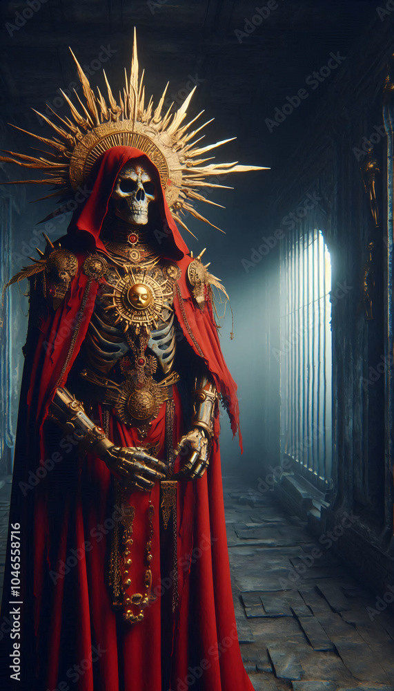 Fototapeta premium a red cloaked undead warrior, wearing a golden sun crown