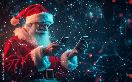 Santa Claus embraces modern technology, using smartphones amid a digital winter wonderland, blending tradition with innovation. photo