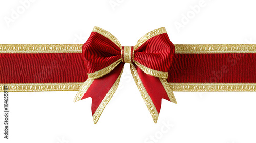 Realistic red and gold bow for decorating gifts, surprises for holidays. Packing presents for birthday, new year and Christmas. Promotion and Discount objects on transparent background