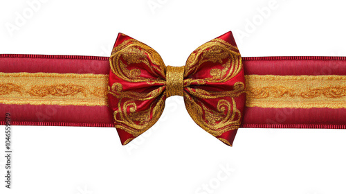 Realistic red and gold bow for decorating gifts, surprises for holidays. Packing presents for birthday, new year and Christmas. Promotion and Discount objects on transparent background