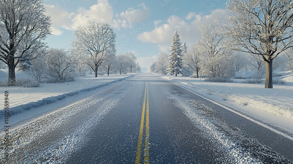 Straight Road Covered with Snow and Ice in Winter