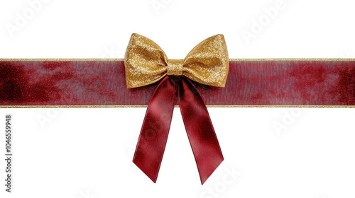 Realistic red and gold bow for decorating gifts, surprises for holidays. Packing presents for birthday, new year and Christmas. Promotion and Discount objects on transparent background