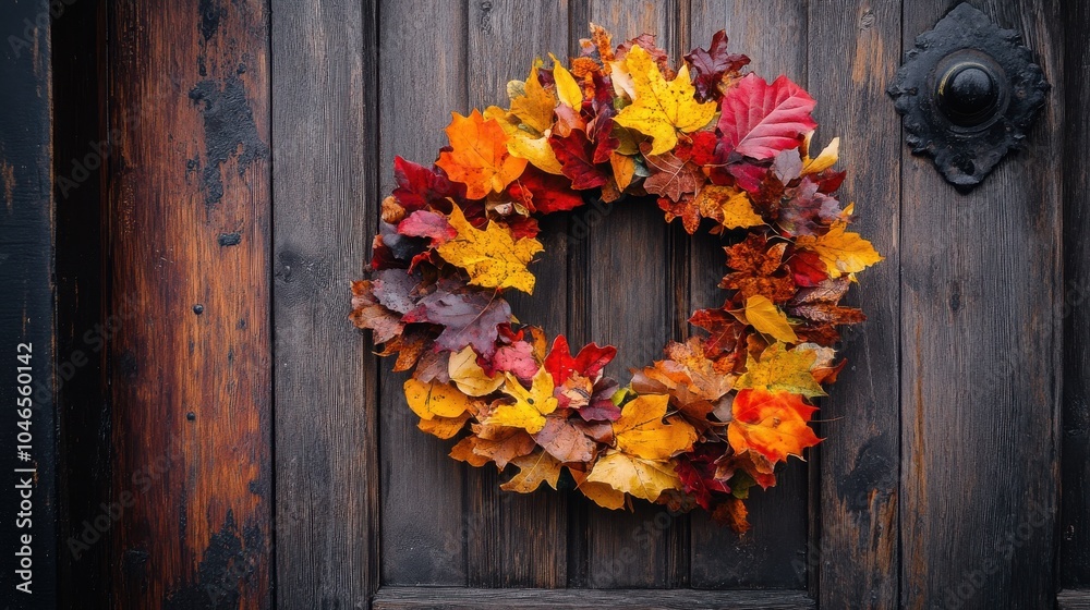 Fototapeta premium Autumn wreath hanging on a wooden door
