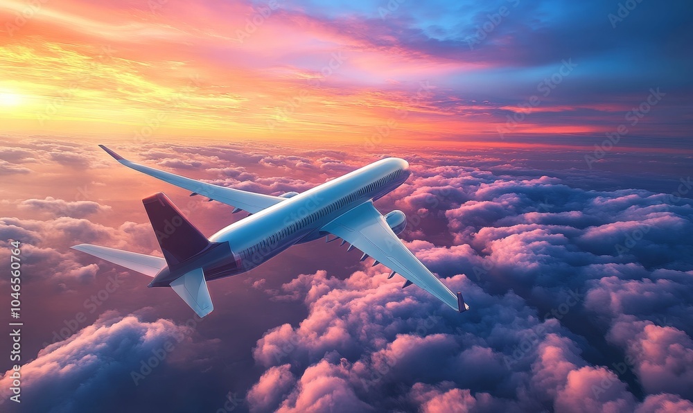 Airplane flying above pink clouds at sunset. Airplane flying above pink clouds at sunset.