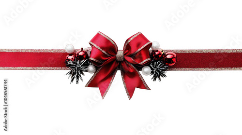 Realistic red bow for decorating gifts, surprises for holidays. Packing presents for birthday, new year and Christmas. Promotion and Discount objects on transparent background