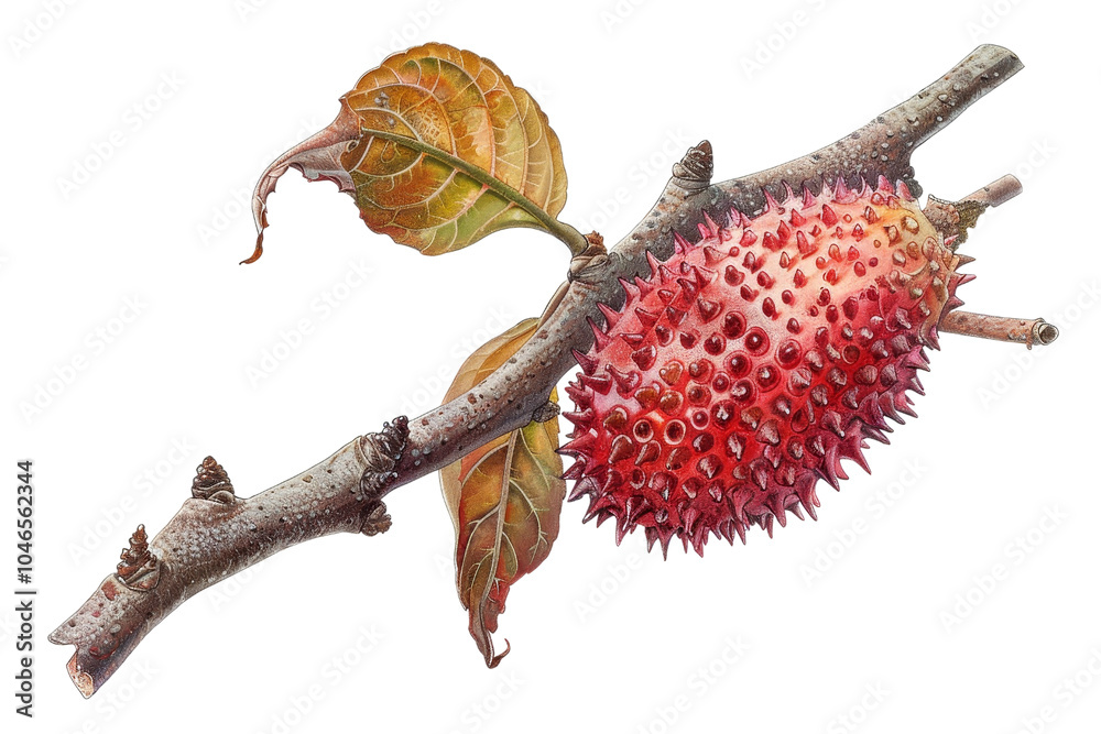 Vibrant Spiky Red Fruit on Twig with Autumn Leaves Vibrant Spiky Red Fruit on Twig with Autumn Leaves