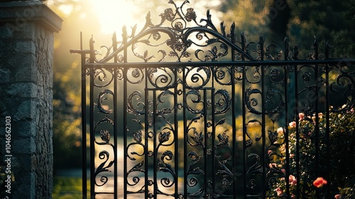 A stunning wrought iron gate with intricate floral patterns, illuminated by soft afternoon sunlight against a garden backdrop.