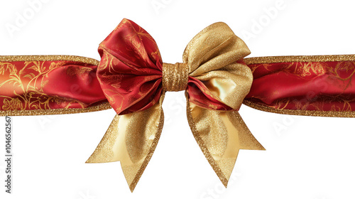 Realistic red and gold bow for decorating gifts, surprises for holidays. Packing presents for birthday, new year and Christmas. Promotion and Discount objects on transparent background