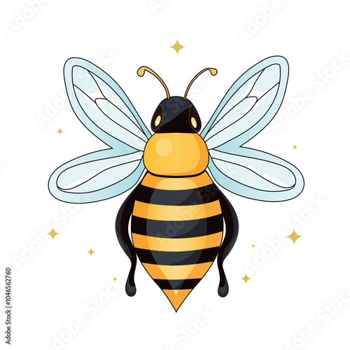 Cute honey bee isolated on a white background. Cartoon bee with colorful wings. Vector illustration.