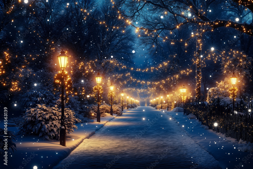 Naklejka premium A snowy night scene with street lamps and trees covered in snow