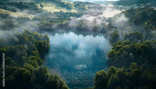 Foggy Forest Reflected in Calm Lake photo