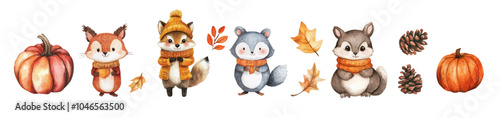 Vector autumn elements,  animal vector set,  watercolor. Colorful and cute clip art illustrations, perfect for greeting cards, invitations, banners, posters, textile, covers.
