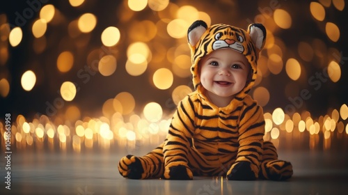 A baby wearing a tiger costume is smiling and looking at the camera photo