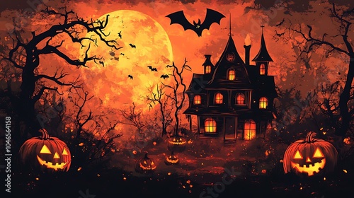 A spooky Halloween night with a haunted house, glowing pumpkins, and eerie bats in a vintage folk art style photo