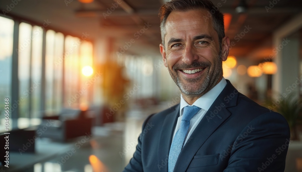A mature businessman with a welcoming smile, looking into the camera, with a background of a high-end office space A mature businessman with a welcoming smile, looking into the camera, with a background of a high-end office space
