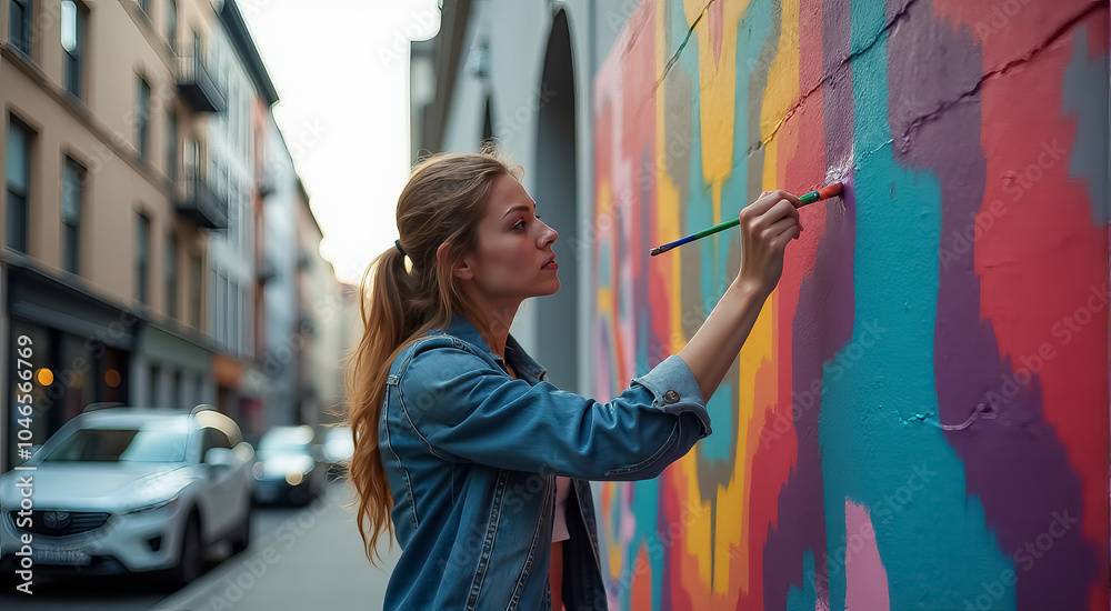 A woman is painting a mural on a wall A woman is painting a mural on a wall
