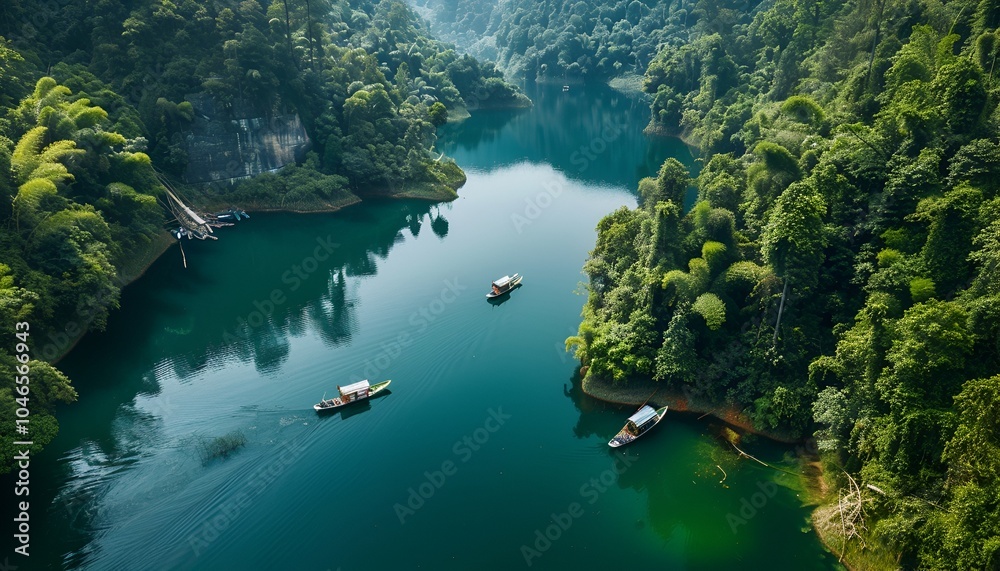 Serene Misty River Flowing Through Green Valley Serene Misty River Flowing Through Green Valley