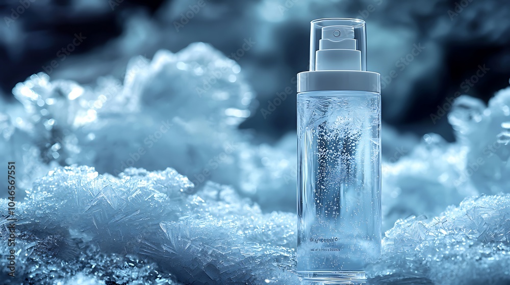 Frozen Skincare: A clear glass bottle of skincare product rests on a bed of ice crystals, evoking a sense of purity, freshness, and invigorating coolness.  
