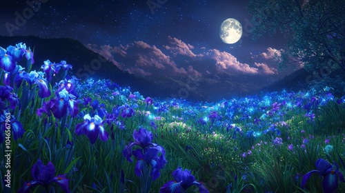 Glowing Sapphire Iris Meadow on a Moonlit Night