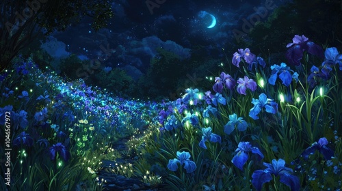 Glowing Sapphire Iris Meadow at Enchanting Moonlit Night