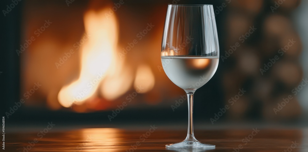 Close-Up of a Wine Glass Reflecting the Warm Glow of a Cozy Fireplace Close-Up of a Wine Glass Reflecting the Warm Glow of a Cozy Fireplace