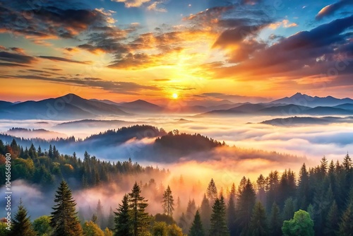 Sunrise over misty forest and distant mountains reflected in watercolor style