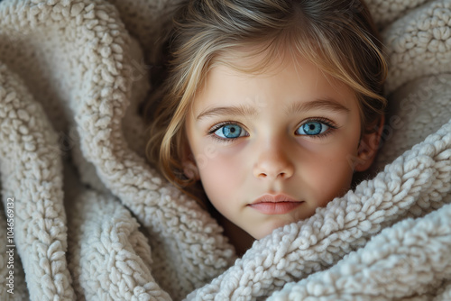 A little girl with blue eyes wrapped in a blanket