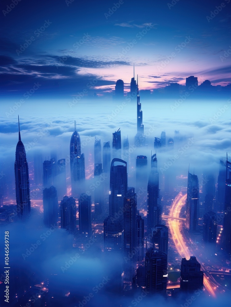 Futuristic cityscape above clouds with dusk skyscrapers, creating serene atmosphere Futuristic cityscape above clouds with dusk skyscrapers, creating serene atmosphere
