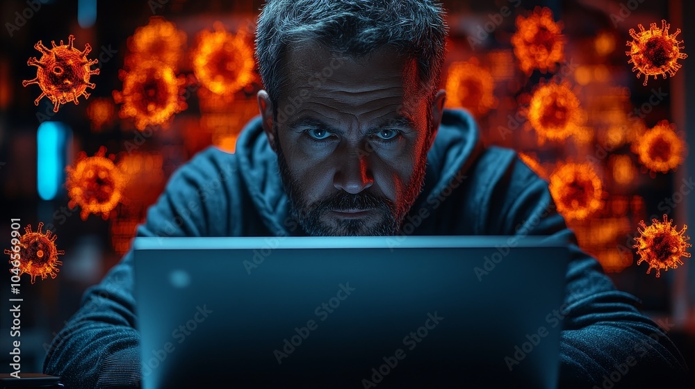 Businessman Reading Email on Laptop with Spam and Virus Alerts, Internet Security Concept, Hyper-Realistic Ultra HD Shot Displaying Spam Pop-up Warnings in Natural Colors, 8K Detail, LEICA Lens Businessman Reading Email on Laptop with Spam and Virus Alerts, Internet Security Concept, Hyper-Realistic Ultra HD Shot Displaying Spam Pop-up Warnings in Natural Colors, 8K Detail, LEICA Lens