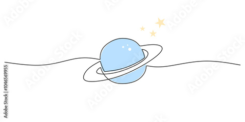 Continuous Line Drawing of Saturn Planet Simple Space Object Concept with Planetary Features