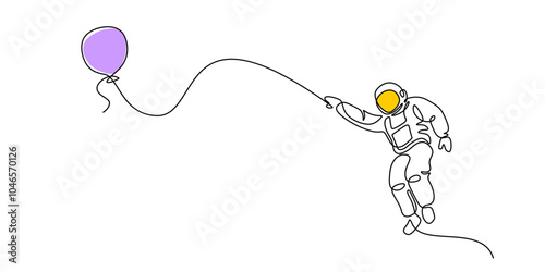 Astronaut Playing with Balloons in Space Minimalist One Line Drawing Fun Exploration Art
