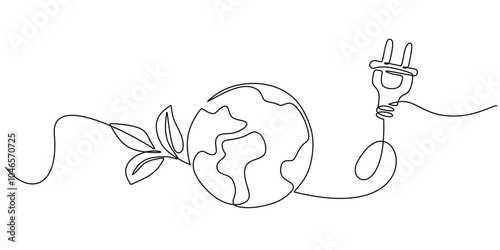Eco-Friendly Earth with Electric Plug Continuous Line Drawing for Green Energy Technology