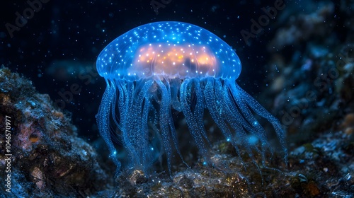 Glowing jellyfish illuminates the dark ocean depths, showcasing its translucent beauty and mysterious underwater charm.