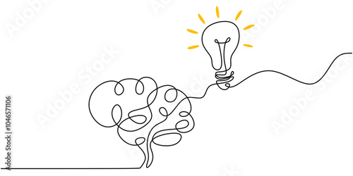 Continuous Line Drawing of Brain with Light Bulb Creative Idea Concept Minimalist Vector Illustration