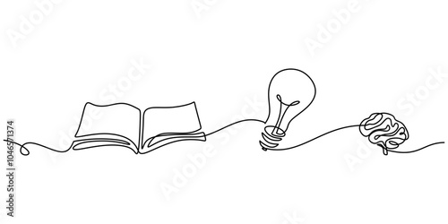 Continuous Line Drawing of Open Book and Light Bulb for Education and Ideas Concept
