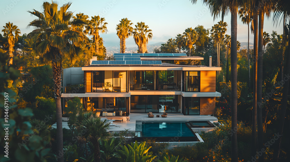 Obraz premium A beautiful photography of an energy-efficient home, surrounded by palm trees, with multiple solar panels installed across the roof, blending modern design with environmental responsibility.