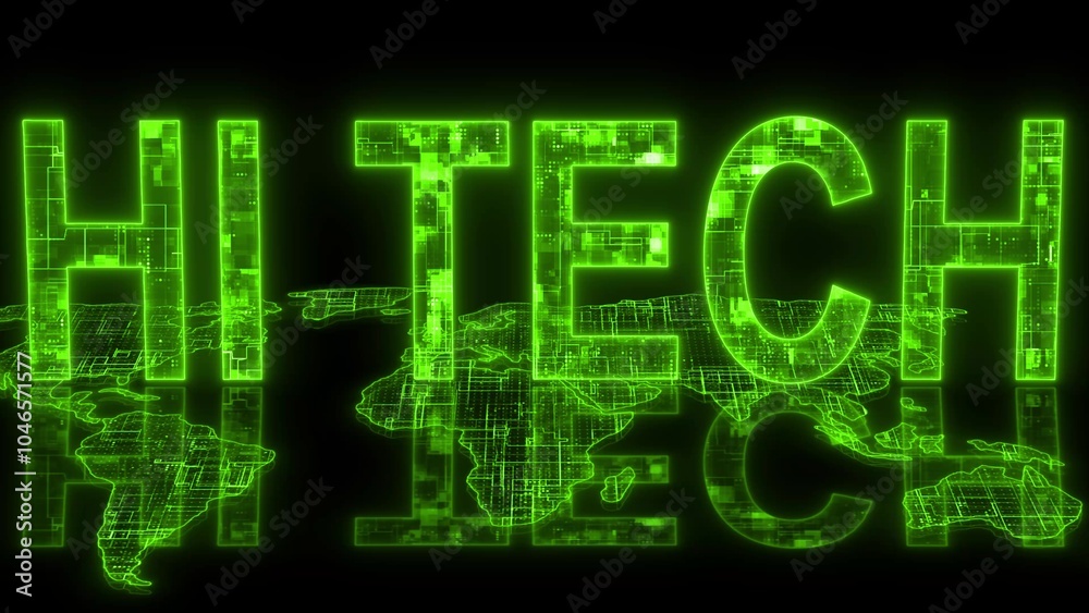 HI tech text technology earth map glowing green HI tech text technology earth map glowing green