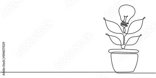 Light Bulb Plant Growing from Pot Eco-Friendly Energy Concept Minimalist One Line Drawing
