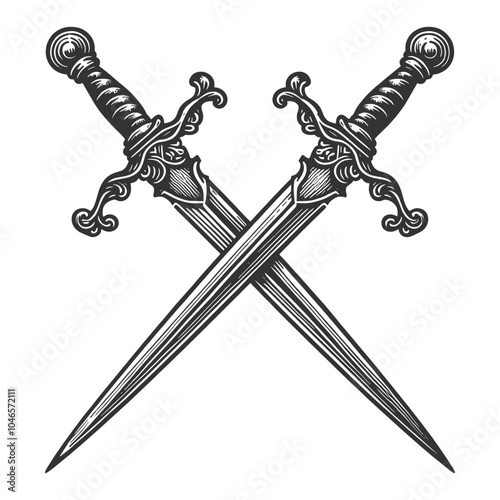 two crossed swords with ornate handles, symbolizing combat, honor, or military tradition, drawn in a classic style sketch engraving generative ai vector illustration. Black and white image.