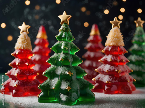 Festive green and red jello desserts shaped like Christmas trees with golden sugar stars. photo