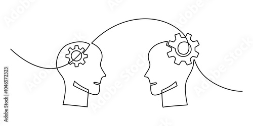 Human Head with Gears Inside Continuous Line Drawing for Psychology Concept Minimalist Design