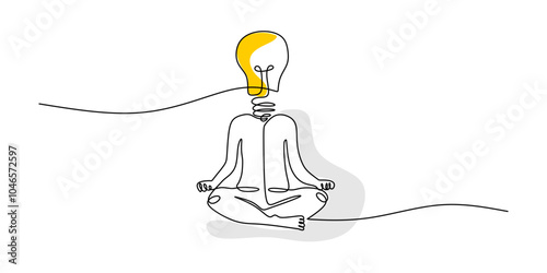 Meditating Person with Light Bulb on Head Continuous Line Drawing Psychology Concept Minimalist Art