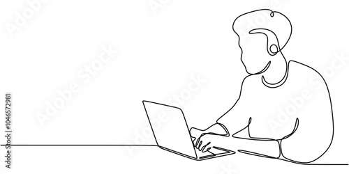 Continuous Line Drawing of Man Working at Desk with Laptop Minimalist Office Concept