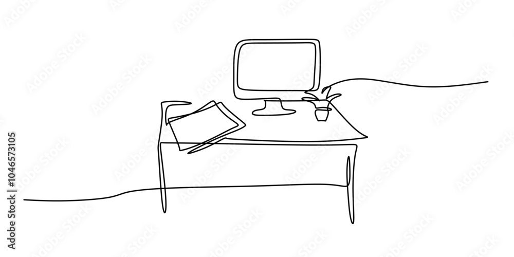 Minimalist Continuous Line Drawing of Office Table with Papers and Plant for Work Concept Minimalist Continuous Line Drawing of Office Table with Papers and Plant for Work Concept