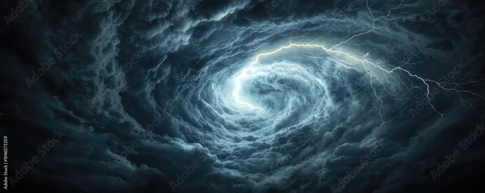 Dramatic swirling storm clouds with flashes of lightning, atmospheric and intense.