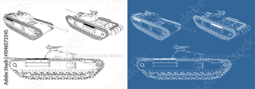 Military Battle Tank. From various view Vector Technical drawings line blueprints. isolated on transparent background