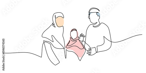 Happy Muslim Family Continuous Line Drawing Minimalist Design Vector Illustration
